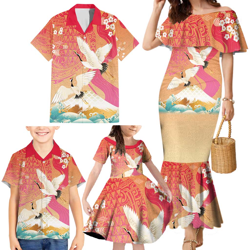 Hawaiian and Japanese Culture Together Family Matching Mermaid Dress and Hawaiian Shirt Kakau Art Tattoo with Cranes and Sakura Spring Vibe - Polynesian Pride