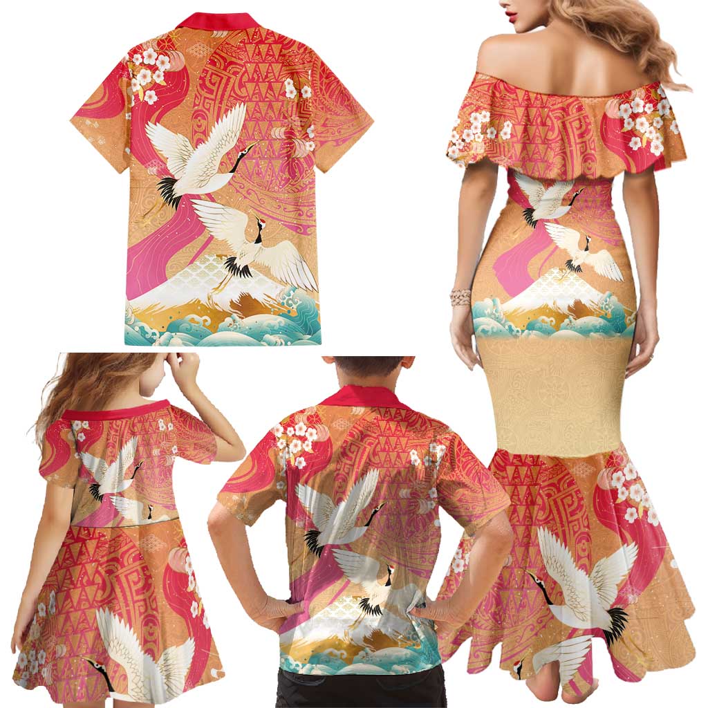 Hawaiian and Japanese Culture Together Family Matching Mermaid Dress and Hawaiian Shirt Kakau Art Tattoo with Cranes and Sakura Spring Vibe - Polynesian Pride