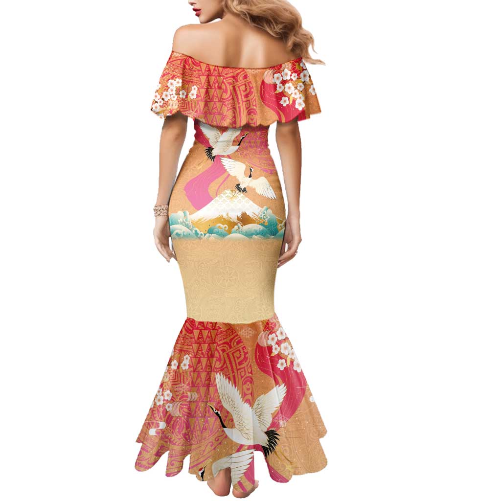 Hawaiian and Japanese Culture Together Family Matching Mermaid Dress and Hawaiian Shirt Kakau Art Tattoo with Cranes and Sakura Spring Vibe - Polynesian Pride