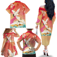 Hawaiian and Japanese Culture Together Family Matching Off The Shoulder Long Sleeve Dress and Hawaiian Shirt Kakau Art Tattoo with Cranes and Sakura Spring Vibe - Polynesian Pride