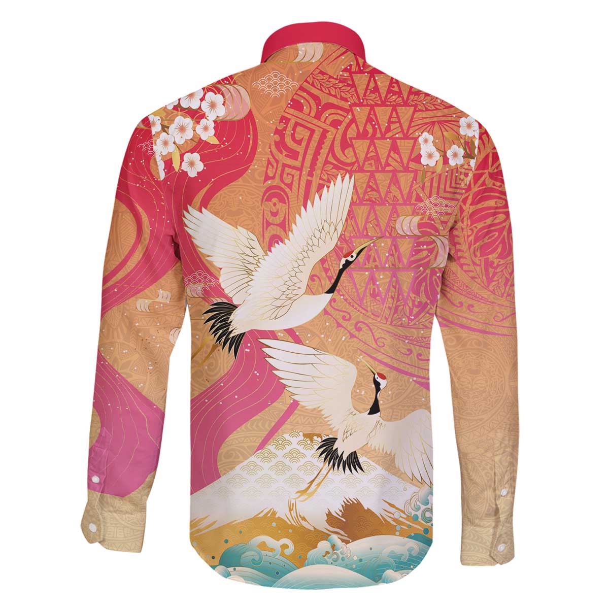 Hawaiian and Japanese Culture Together Family Matching Off The Shoulder Long Sleeve Dress and Hawaiian Shirt Kakau Art Tattoo with Cranes and Sakura Spring Vibe - Polynesian Pride