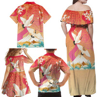 Hawaiian and Japanese Culture Together Family Matching Off Shoulder Maxi Dress and Hawaiian Shirt Kakau Art Tattoo with Cranes and Sakura Spring Vibe - Polynesian Pride