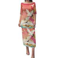 Hawaiian and Japanese Culture Together Family Matching Puletasi and Hawaiian Shirt Kakau Art Tattoo with Cranes and Sakura Spring Vibe - Polynesian Pride