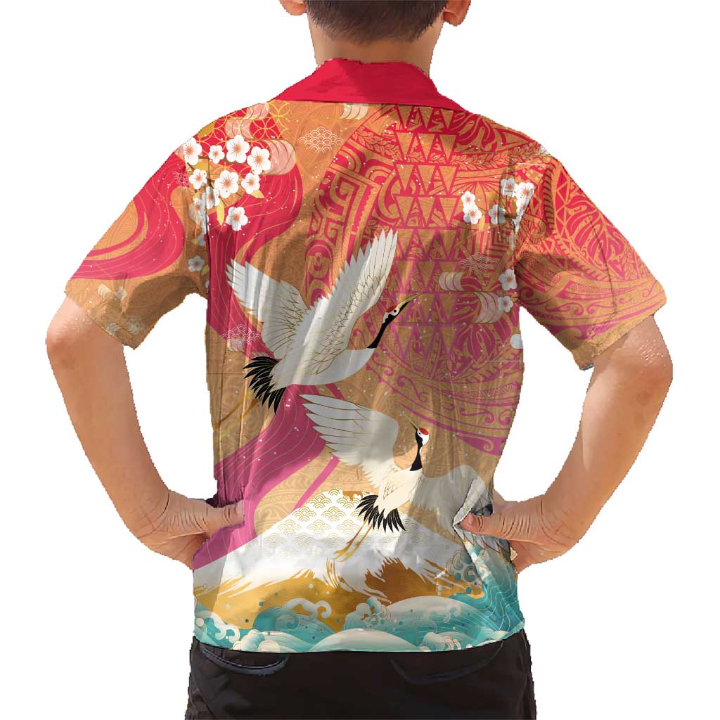 Hawaiian and Japanese Culture Together Family Matching Short Sleeve Bodycon Dress and Hawaiian Shirt Kakau Art Tattoo with Cranes and Sakura Spring Vibe - Polynesian Pride