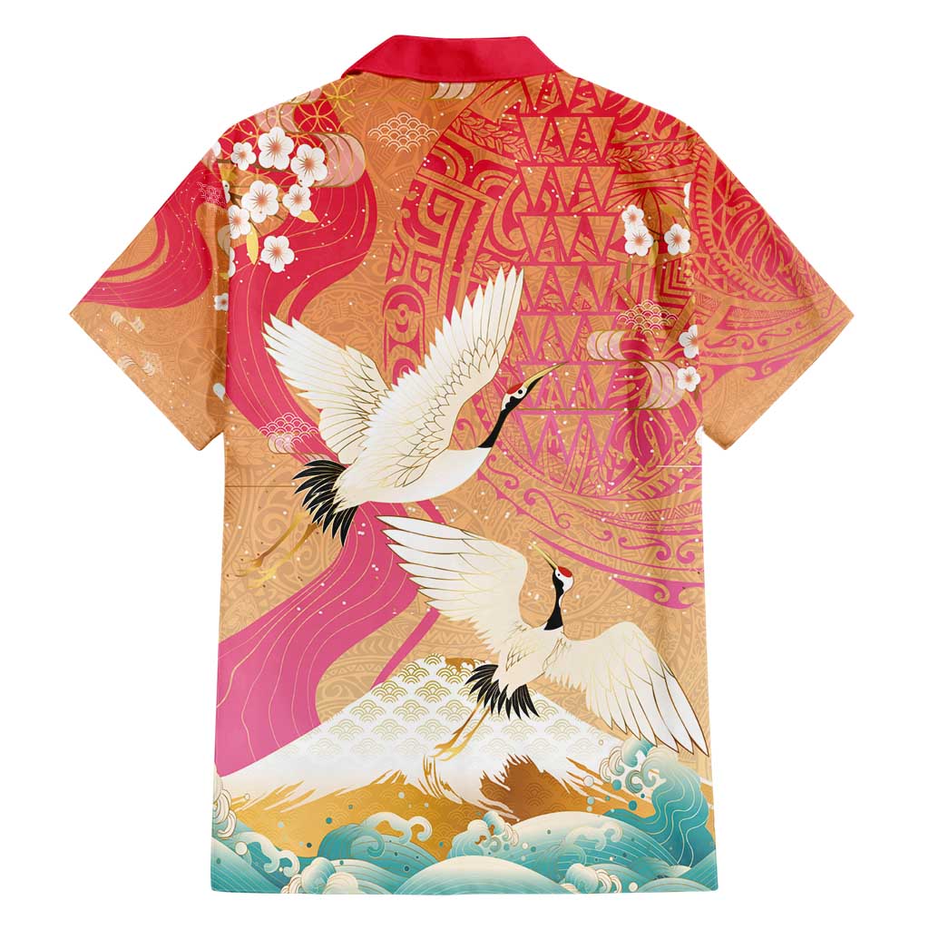 Hawaiian and Japanese Culture Together Family Matching Short Sleeve Bodycon Dress and Hawaiian Shirt Kakau Art Tattoo with Cranes and Sakura Spring Vibe - Polynesian Pride