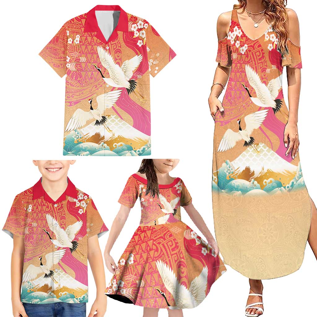 Hawaiian and Japanese Culture Together Family Matching Summer Maxi Dress and Hawaiian Shirt Kakau Art Tattoo with Cranes and Sakura Spring Vibe - Polynesian Pride
