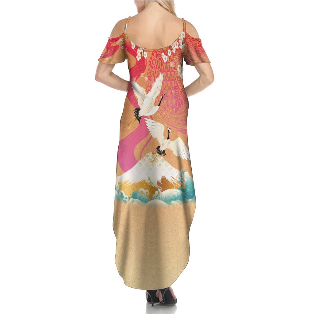 Hawaiian and Japanese Culture Together Family Matching Summer Maxi Dress and Hawaiian Shirt Kakau Art Tattoo with Cranes and Sakura Spring Vibe - Polynesian Pride