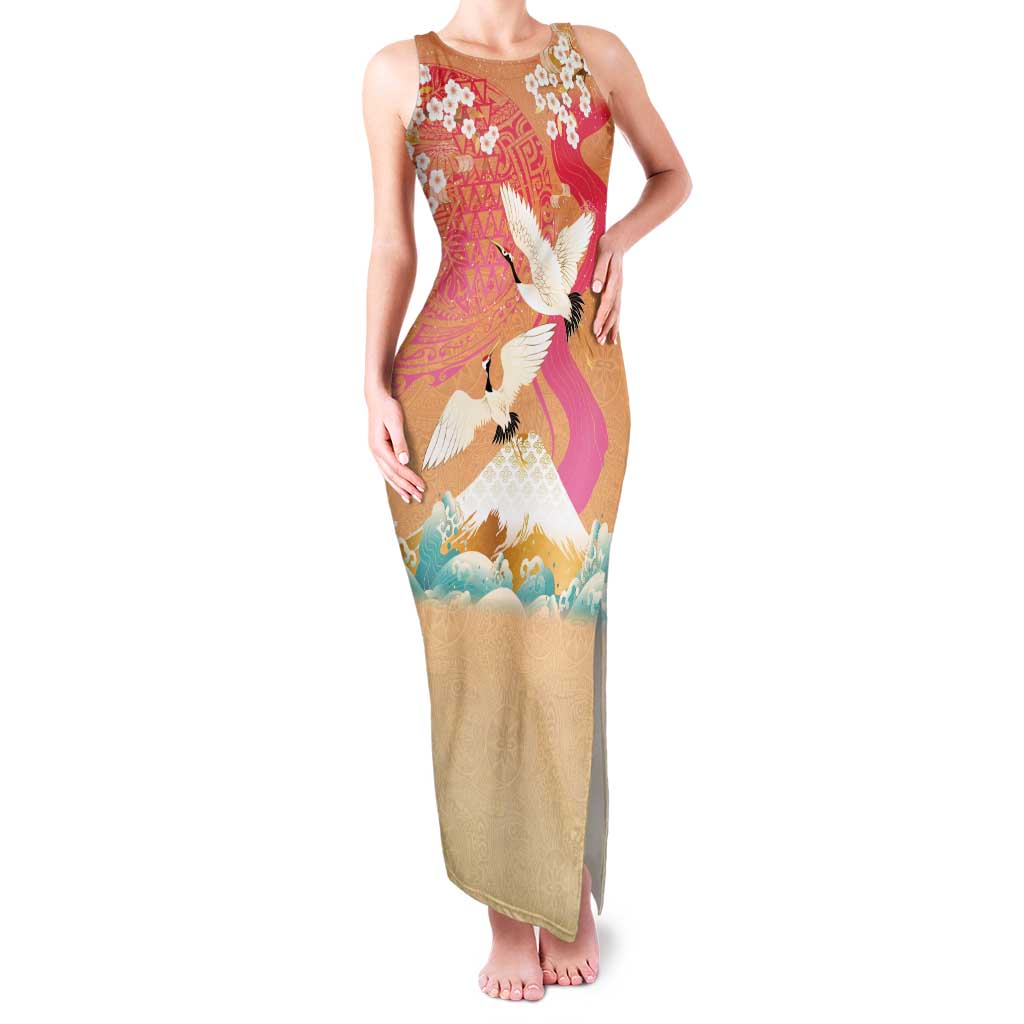 Hawaiian and Japanese Culture Together Family Matching Tank Maxi Dress and Hawaiian Shirt Kakau Art Tattoo with Cranes and Sakura Spring Vibe - Polynesian Pride