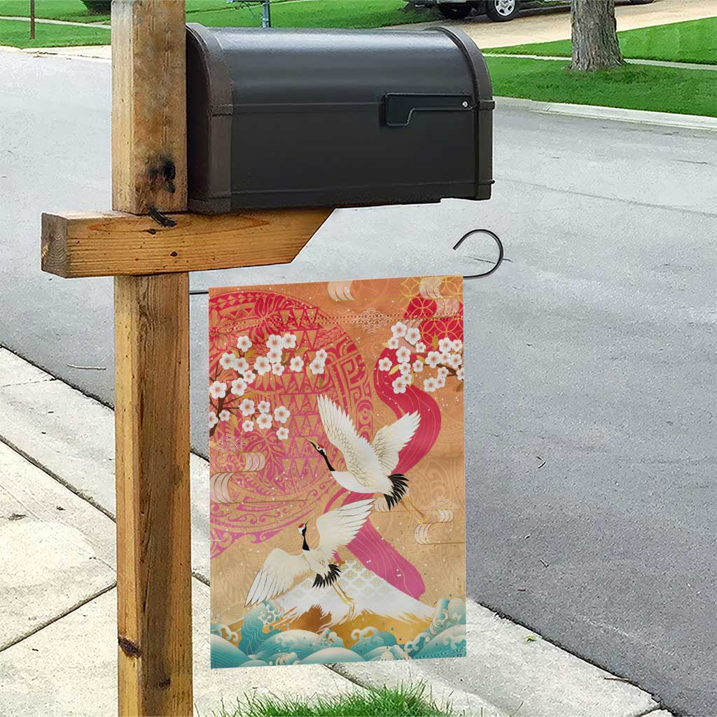 Hawaiian and Japanese Culture Together Garden Flag Kakau Art Tattoo with Cranes and Sakura Spring Vibe - Polynesian Pride