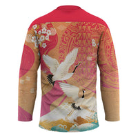 Hawaiian and Japanese Culture Together Hockey Jersey Kakau Art Tattoo with Cranes and Sakura Spring Vibe - Polynesian Pride