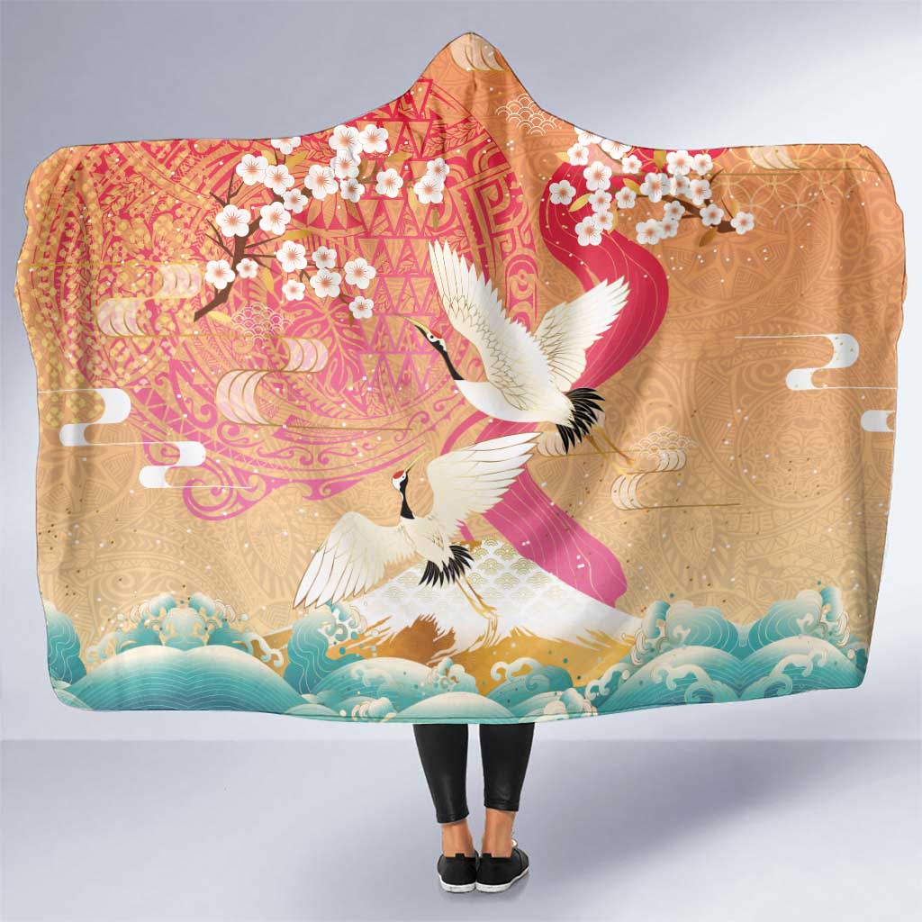 Hawaiian and Japanese Culture Together Hooded Blanket Kakau Art Tattoo with Cranes and Sakura Spring Vibe - Polynesian Pride