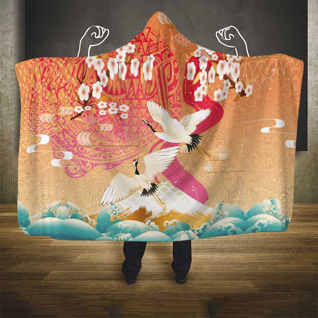 Hawaiian and Japanese Culture Together Hooded Blanket Kakau Art Tattoo with Cranes and Sakura Spring Vibe - Polynesian Pride