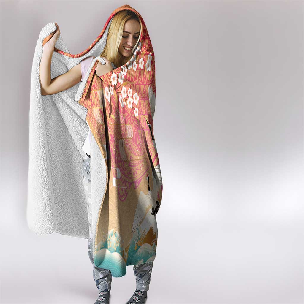 Hawaiian and Japanese Culture Together Hooded Blanket Kakau Art Tattoo with Cranes and Sakura Spring Vibe - Polynesian Pride