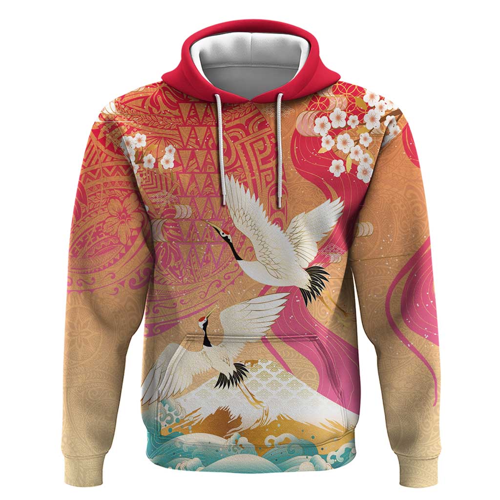 Hawaiian and Japanese Culture Together Hoodie Kakau Art Tattoo with Cranes and Sakura Spring Vibe - Polynesian Pride