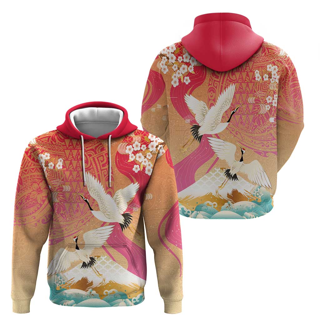 Hawaiian and Japanese Culture Together Hoodie Kakau Art Tattoo with Cranes and Sakura Spring Vibe - Polynesian Pride