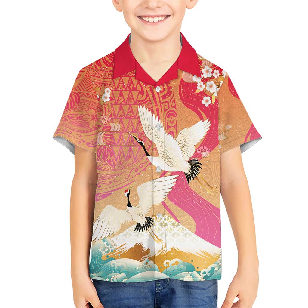 Hawaiian and Japanese Culture Together Kid Hawaiian Shirt Kakau Art Tattoo with Cranes and Sakura Spring Vibe - Polynesian Pride