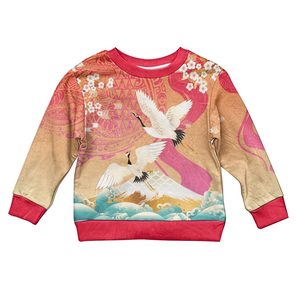 Hawaiian and Japanese Culture Together Kid Ugly Christmas Sweater Kakau Art Tattoo with Cranes and Sakura Spring Vibe LT03 Kid Multicolor - Polynesian Pride