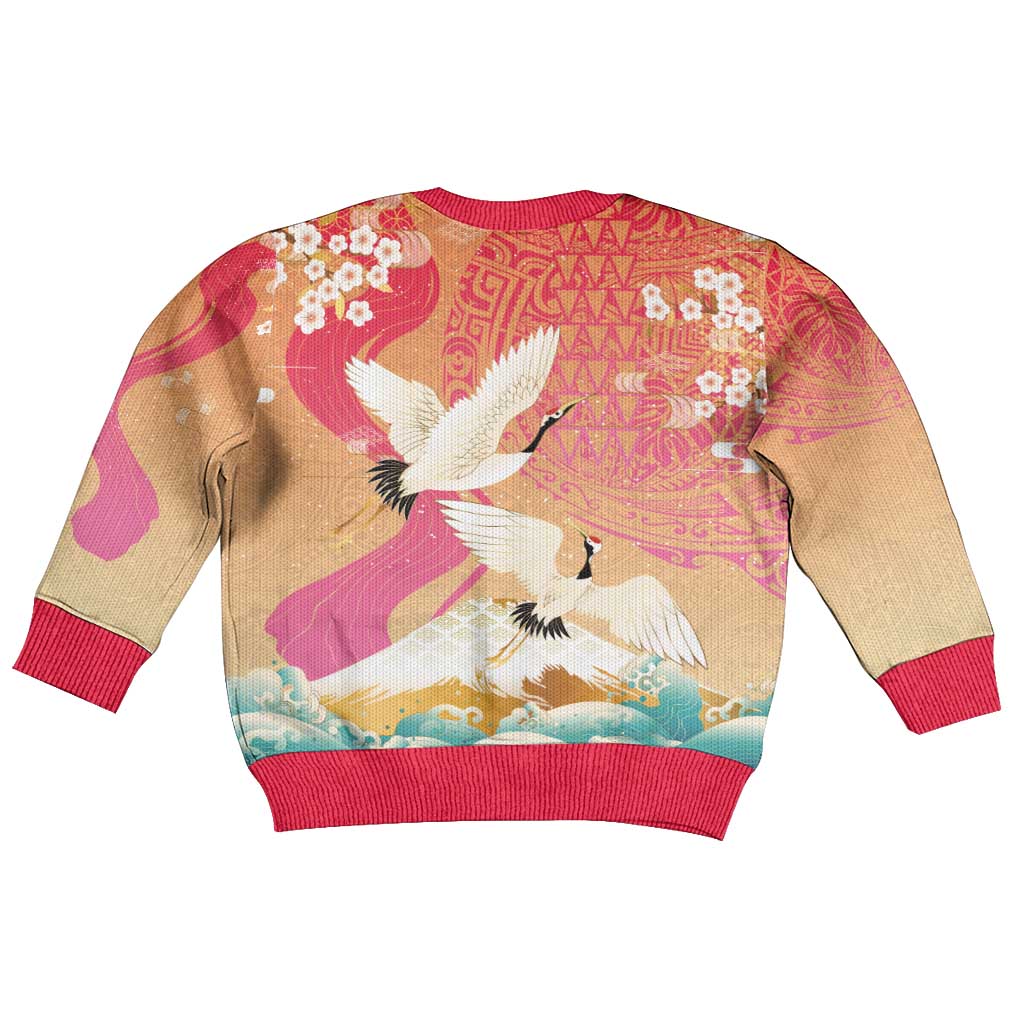 Hawaiian and Japanese Culture Together Kid Ugly Christmas Sweater Kakau Art Tattoo with Cranes and Sakura Spring Vibe LT03 - Polynesian Pride