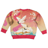 Hawaiian and Japanese Culture Together Kid Ugly Christmas Sweater Kakau Art Tattoo with Cranes and Sakura Spring Vibe LT03 - Polynesian Pride