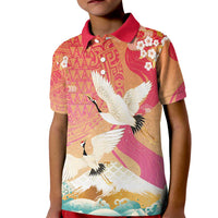 Hawaiian and Japanese Culture Together Kid Polo Shirt Kakau Art Tattoo with Cranes and Sakura Spring Vibe - Polynesian Pride