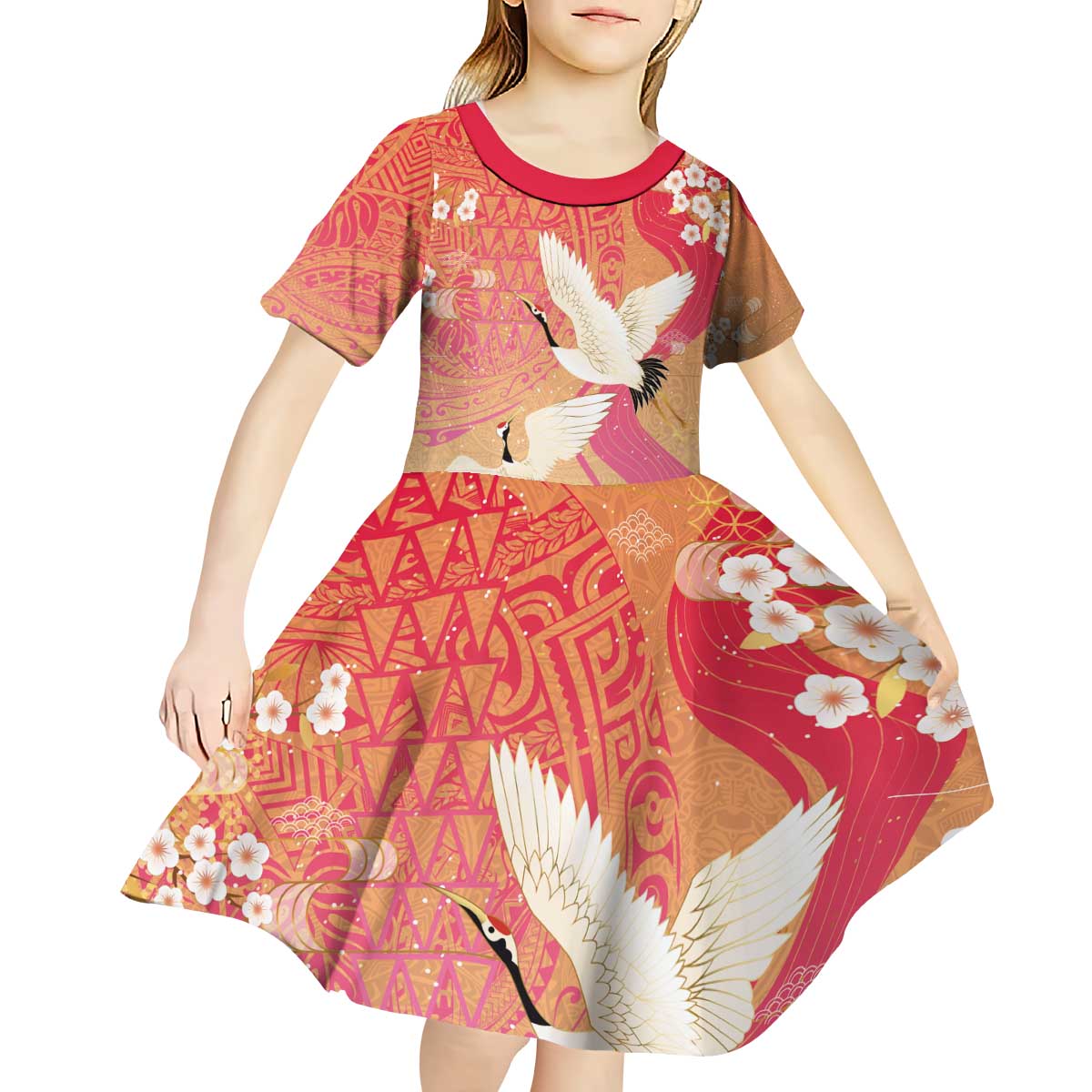 Hawaiian and Japanese Culture Together Kid Short Sleeve Dress Kakau Art Tattoo with Cranes and Sakura Spring Vibe - Polynesian Pride