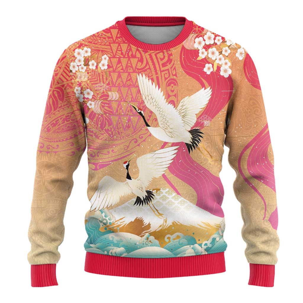 Hawaiian and Japanese Culture Together Ugly Christmas Sweater Kakau Art Tattoo with Cranes and Sakura Spring Vibe LT03 - Polynesian Pride