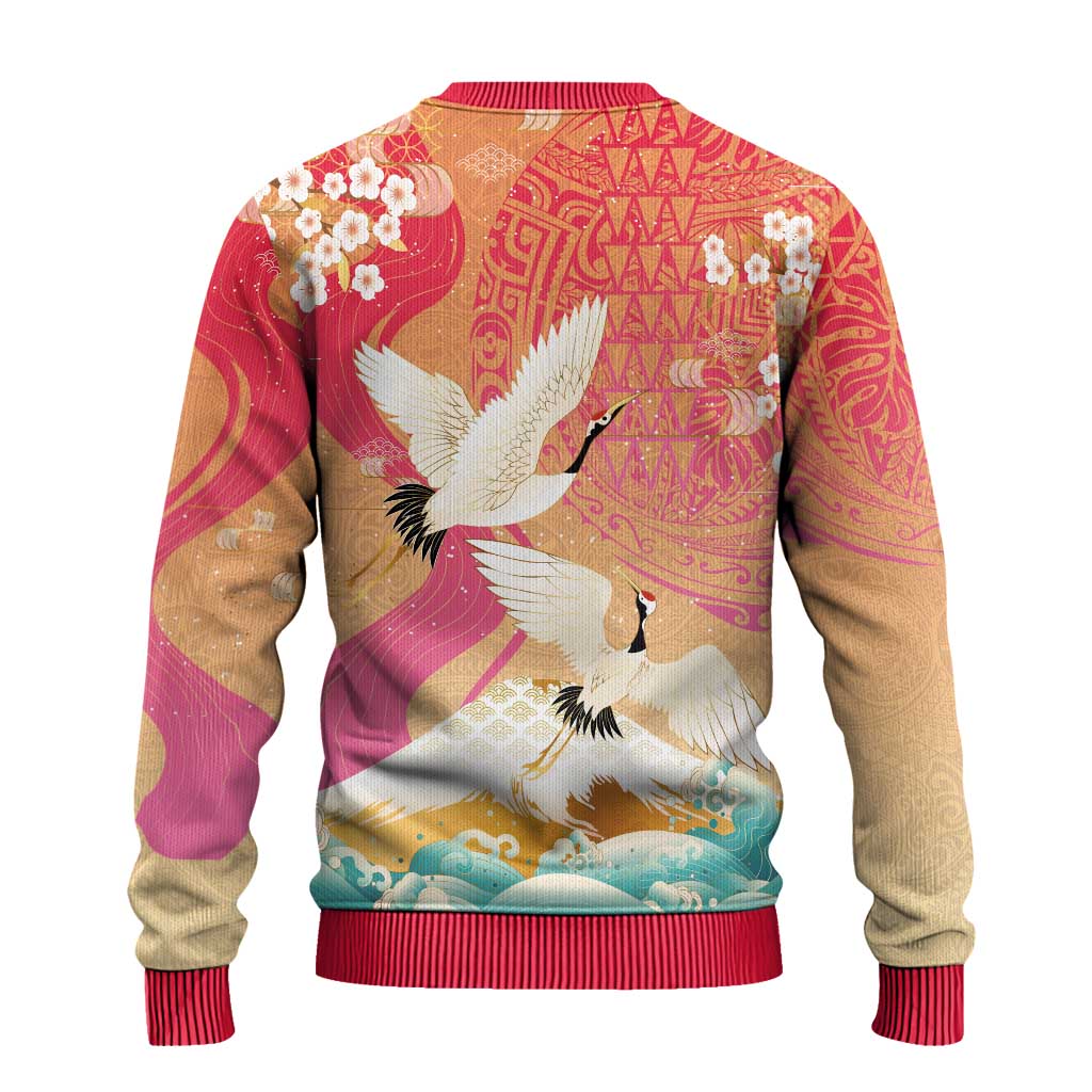 Hawaiian and Japanese Culture Together Ugly Christmas Sweater Kakau Art Tattoo with Cranes and Sakura Spring Vibe LT03 - Polynesian Pride