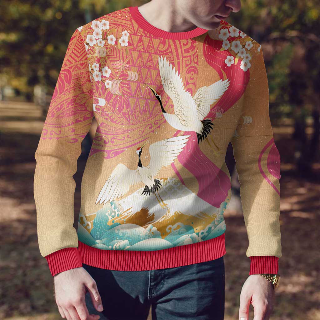 Hawaiian and Japanese Culture Together Ugly Christmas Sweater Kakau Art Tattoo with Cranes and Sakura Spring Vibe LT03 - Polynesian Pride