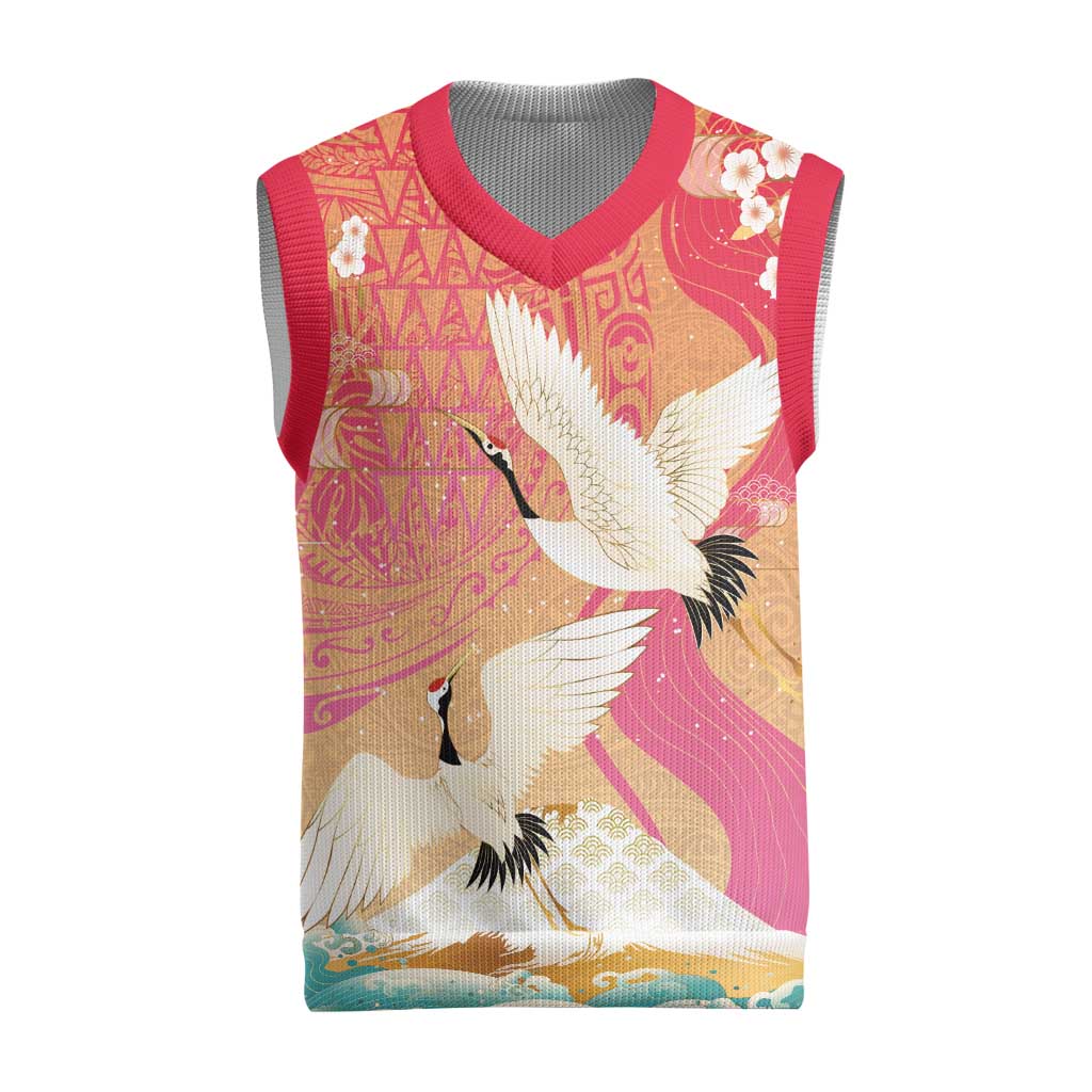 Hawaiian and Japanese Culture Together Christmas Knitted V-Neck Vest Kakau Art Tattoo with Cranes and Sakura Spring Vibe LT03 Multicolor - Polynesian Pride