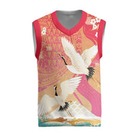 Hawaiian and Japanese Culture Together Christmas Knitted V-Neck Vest Kakau Art Tattoo with Cranes and Sakura Spring Vibe LT03 Multicolor - Polynesian Pride