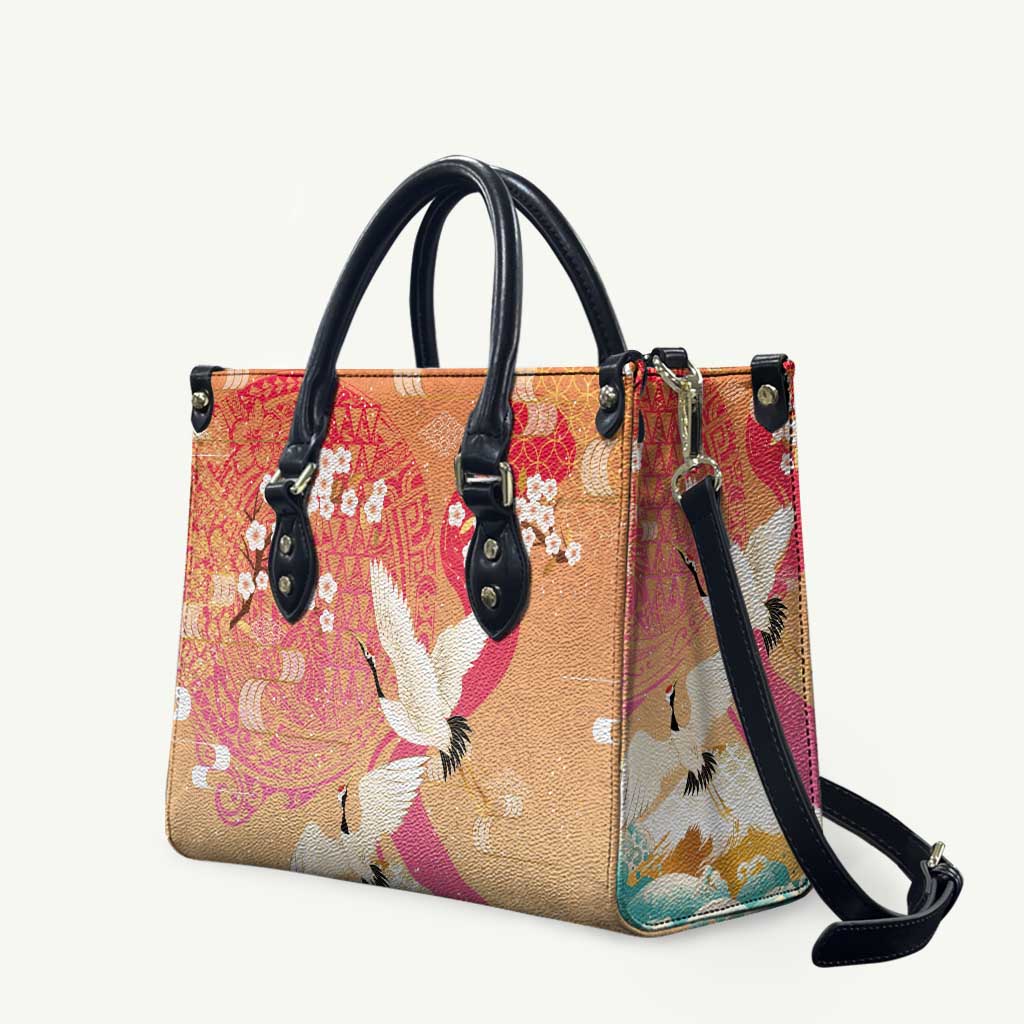 Hawaiian and Japanese Culture Together Leather Bag Kakau Art Tattoo with Cranes and Sakura Spring Vibe - Polynesian Pride