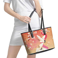 Hawaiian and Japanese Culture Together Leather Tote Bag Kakau Art Tattoo with Cranes and Sakura Spring Vibe - Polynesian Pride