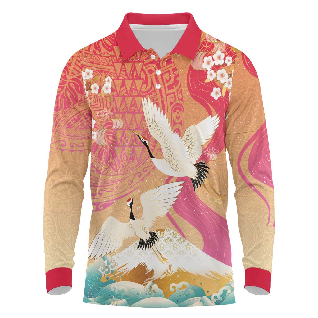 Hawaiian and Japanese Culture Together Long Sleeve Polo Shirt Kakau Art Tattoo with Cranes and Sakura Spring Vibe - Polynesian Pride