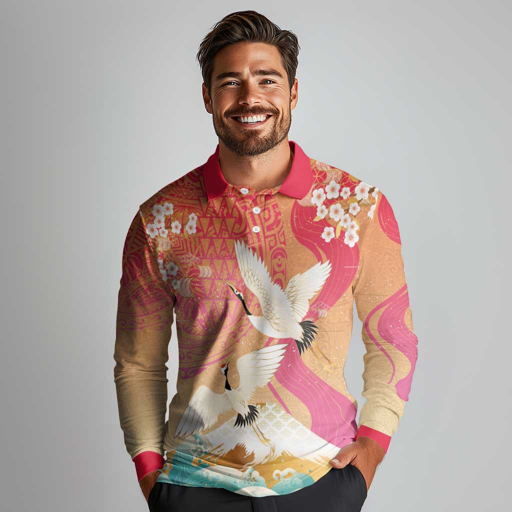 Hawaiian and Japanese Culture Together Long Sleeve Polo Shirt Kakau Art Tattoo with Cranes and Sakura Spring Vibe - Polynesian Pride