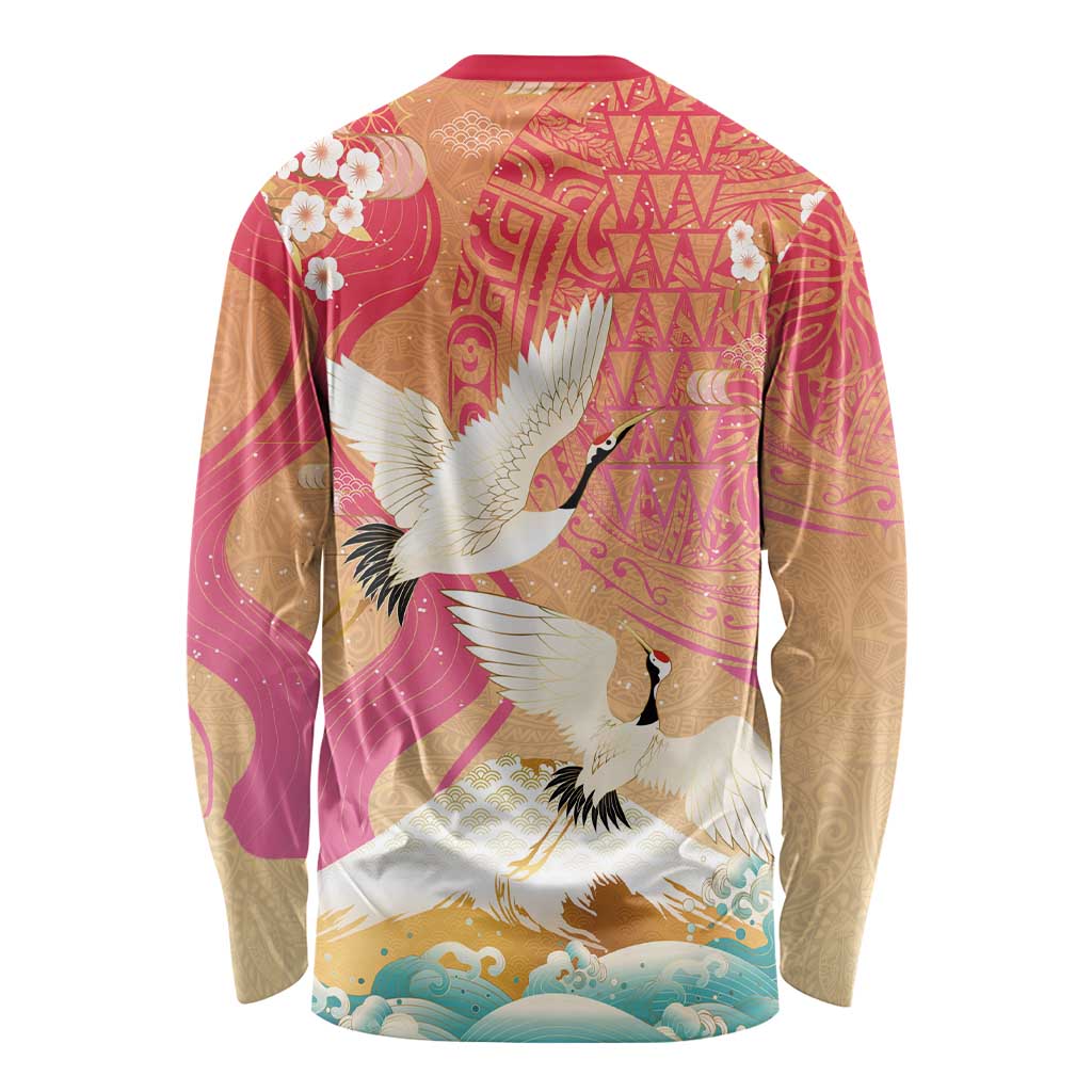 Hawaiian and Japanese Culture Together Long Sleeve Shirt Kakau Art Tattoo with Cranes and Sakura Spring Vibe - Polynesian Pride