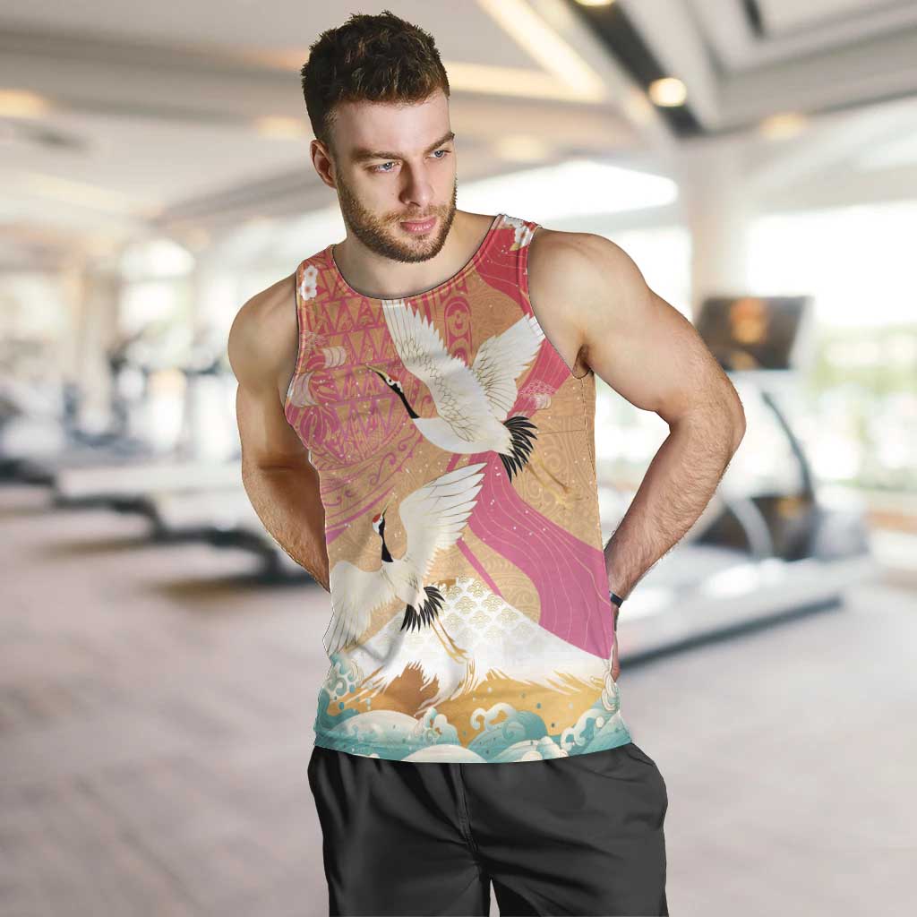 Hawaiian and Japanese Culture Together Men Tank Top Kakau Art Tattoo with Cranes and Sakura Spring Vibe - Polynesian Pride