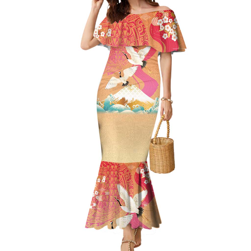 Hawaiian and Japanese Culture Together Mermaid Dress Kakau Art Tattoo with Cranes and Sakura Spring Vibe - Polynesian Pride