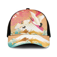 Hawaiian and Japanese Culture Together Mesh Trucker Cap Kakau Art Tattoo with Cranes and Sakura Spring Vibe - Polynesian Pride