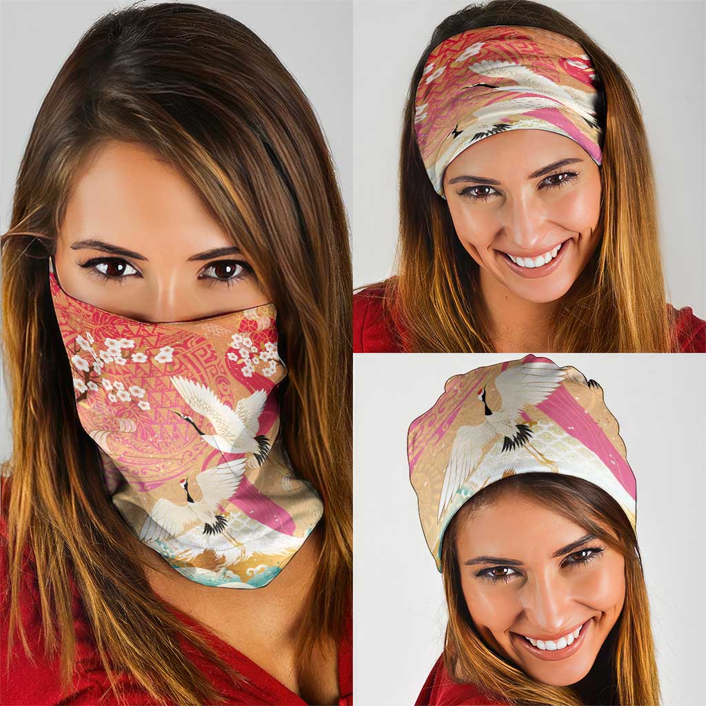 Hawaiian and Japanese Culture Together Neck Gaiter Kakau Art Tattoo with Cranes and Sakura Spring Vibe - Polynesian Pride