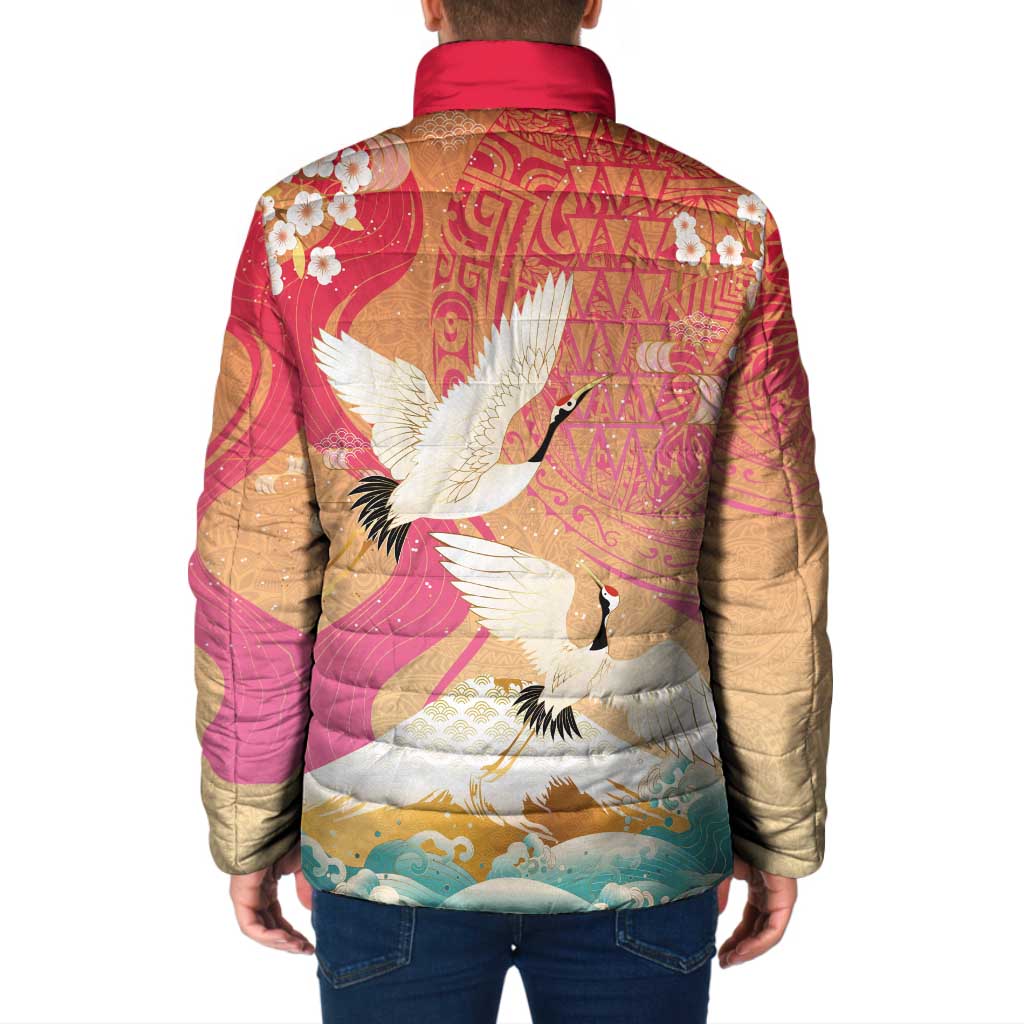 Hawaiian and Japanese Culture Together Padded Jacket Kakau Art Tattoo with Cranes and Sakura Spring Vibe - Polynesian Pride
