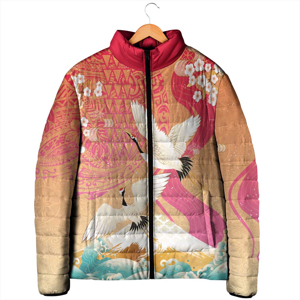 Hawaiian and Japanese Culture Together Padded Jacket Kakau Art Tattoo with Cranes and Sakura Spring Vibe - Polynesian Pride