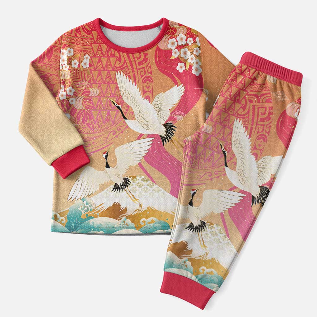 Hawaiian and Japanese Culture Together Christmas Pajama Set Kakau Art Tattoo with Cranes and Sakura Spring Vibe LT03 Men Multicolor - Polynesian Pride