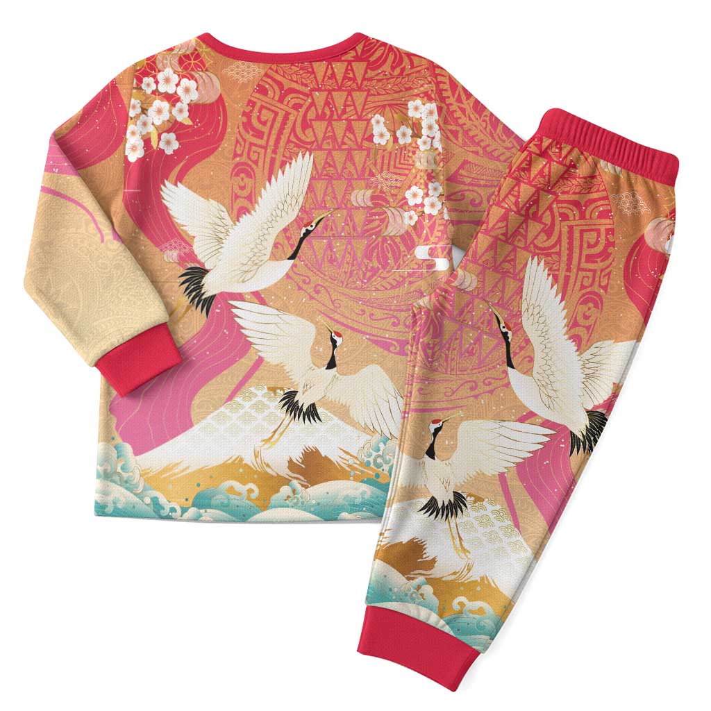 Hawaiian and Japanese Culture Together Christmas Pajama Set Kakau Art Tattoo with Cranes and Sakura Spring Vibe LT03 - Polynesian Pride