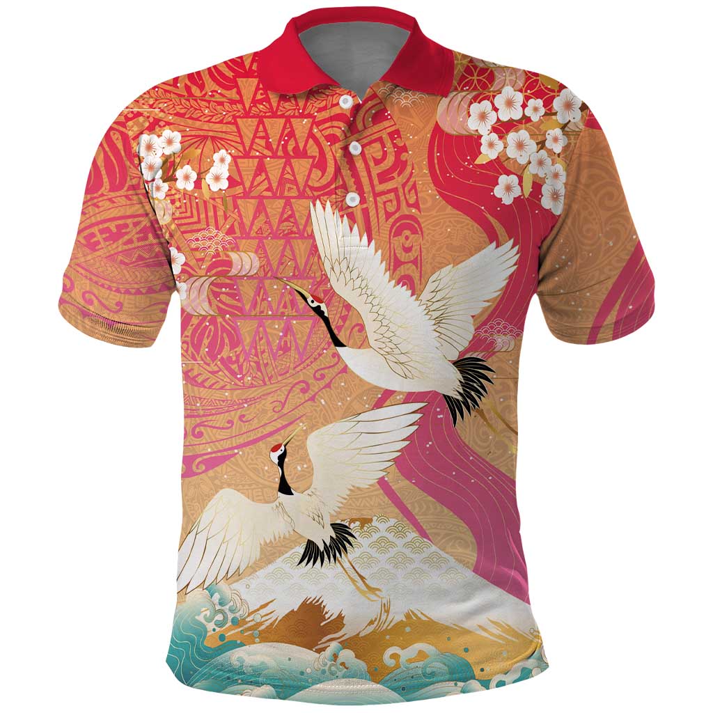 Hawaiian and Japanese Culture Together Polo Shirt Kakau Art Tattoo with Cranes and Sakura Spring Vibe - Polynesian Pride