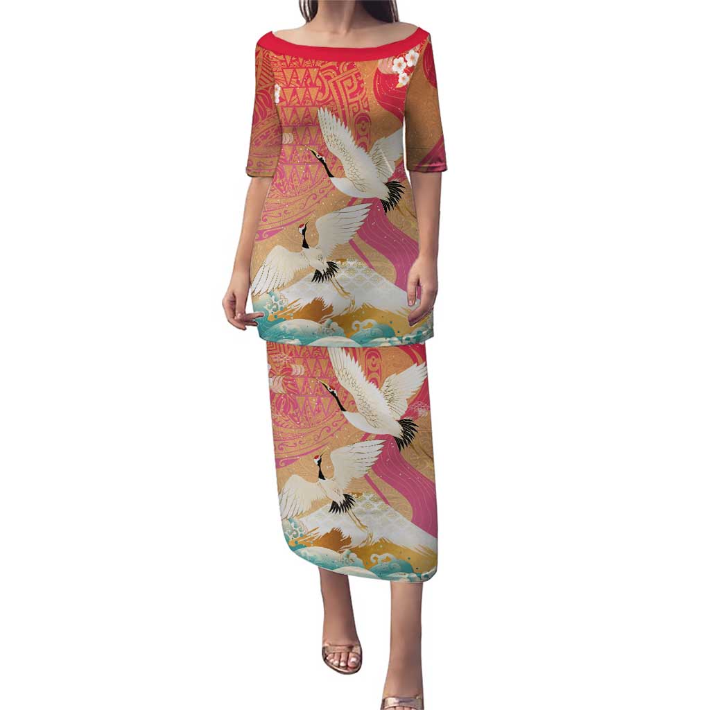 Hawaiian and Japanese Culture Together Puletasi Kakau Art Tattoo with Cranes and Sakura Spring Vibe - Polynesian Pride