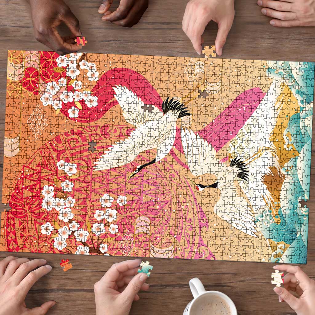 Hawaiian and Japanese Culture Together Puzzle Kakau Art Tattoo with Cranes and Sakura Spring Vibe - Polynesian Pride