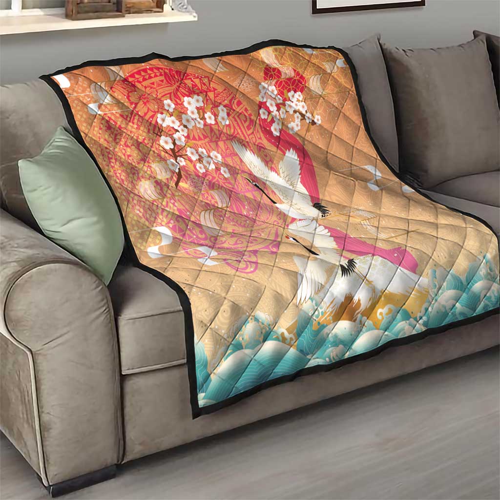 Hawaiian and Japanese Culture Together Quilt Kakau Art Tattoo with Cranes and Sakura Spring Vibe - Polynesian Pride