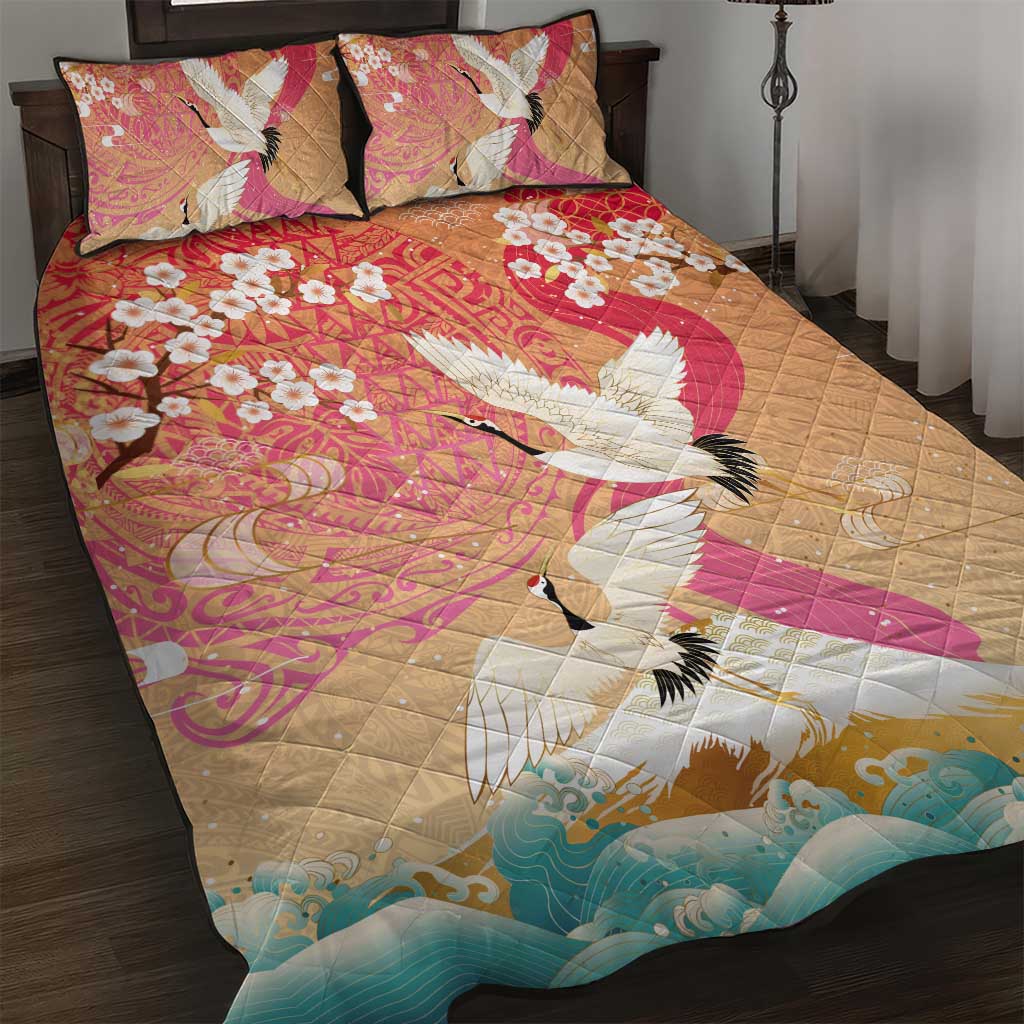 Hawaiian and Japanese Culture Together Quilt Bed Set Kakau Art Tattoo with Cranes and Sakura Spring Vibe - Polynesian Pride