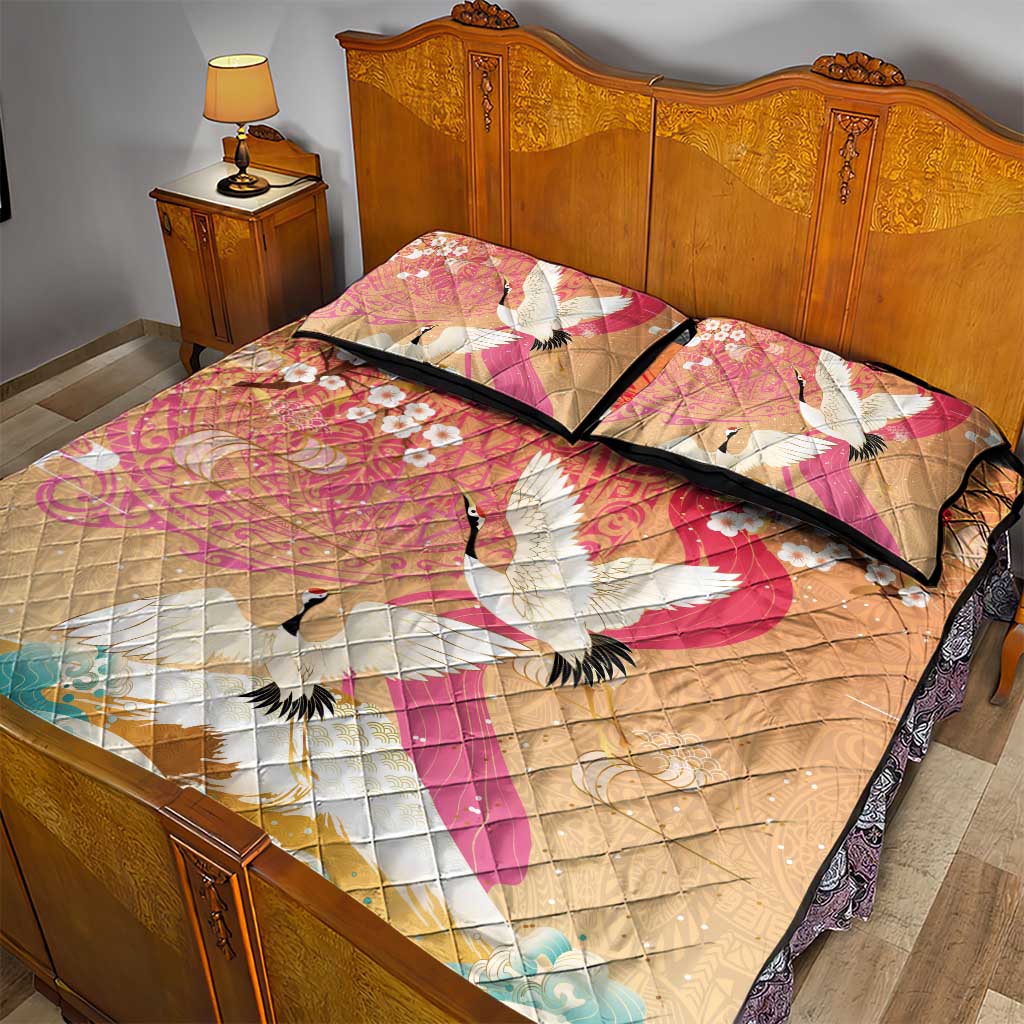 Hawaiian and Japanese Culture Together Quilt Bed Set Kakau Art Tattoo with Cranes and Sakura Spring Vibe - Polynesian Pride