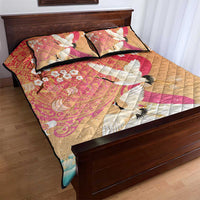 Hawaiian and Japanese Culture Together Quilt Bed Set Kakau Art Tattoo with Cranes and Sakura Spring Vibe - Polynesian Pride